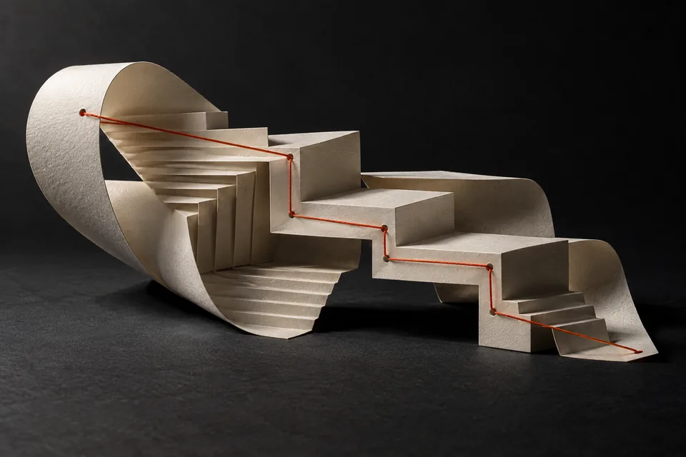 Editorial artwork: folded ivory paper crossed by a vermilion thread on a charcoal ground.